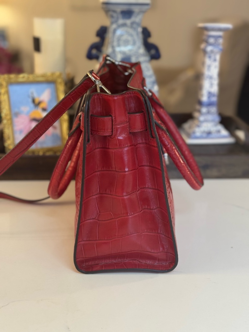 ❤️ MICHAEL KORS DILLON RED MEDIUM LEATHER CROCO EMBOSSED SATCHEL! - Picture 5 of 15